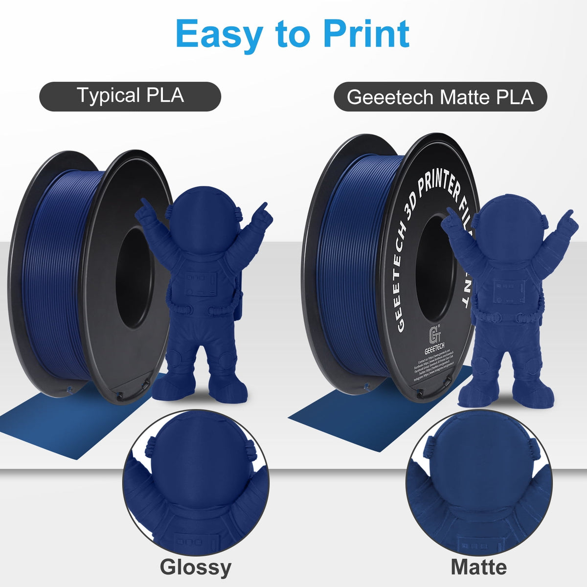 Geeetech navy blue Matte PLA Filament Matte 1KG, 1.75mm 3D Printer Filament Dimensional Accuracy +/- 0.01mm, 1kg Carboard Spool (2.2lbs) for Most FDM 3D Printers
