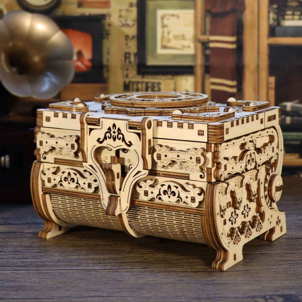 Music Park 3D Wooden Puzzle Model Kit with Movable Drawers, Antique Jewel Box DIY Crafts