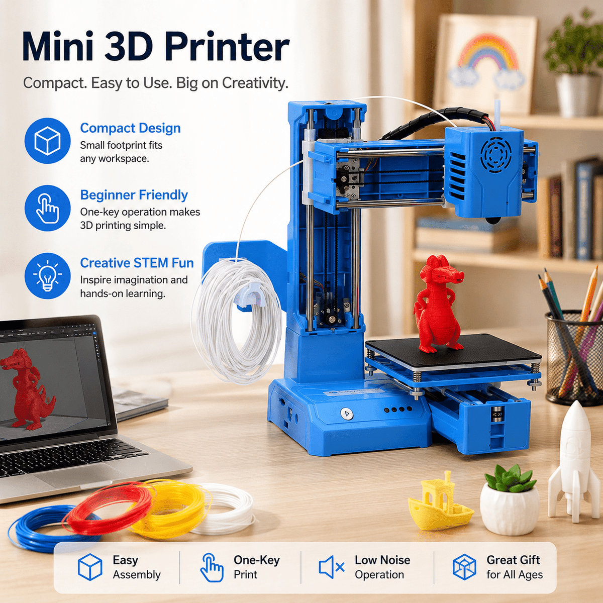 Mini 3D Printer for Kids Beginner - K9 Fully Assembled 3D Printer Toy, Automatic Leveling High-Precision, Safe Educational STEM Learning Toy
