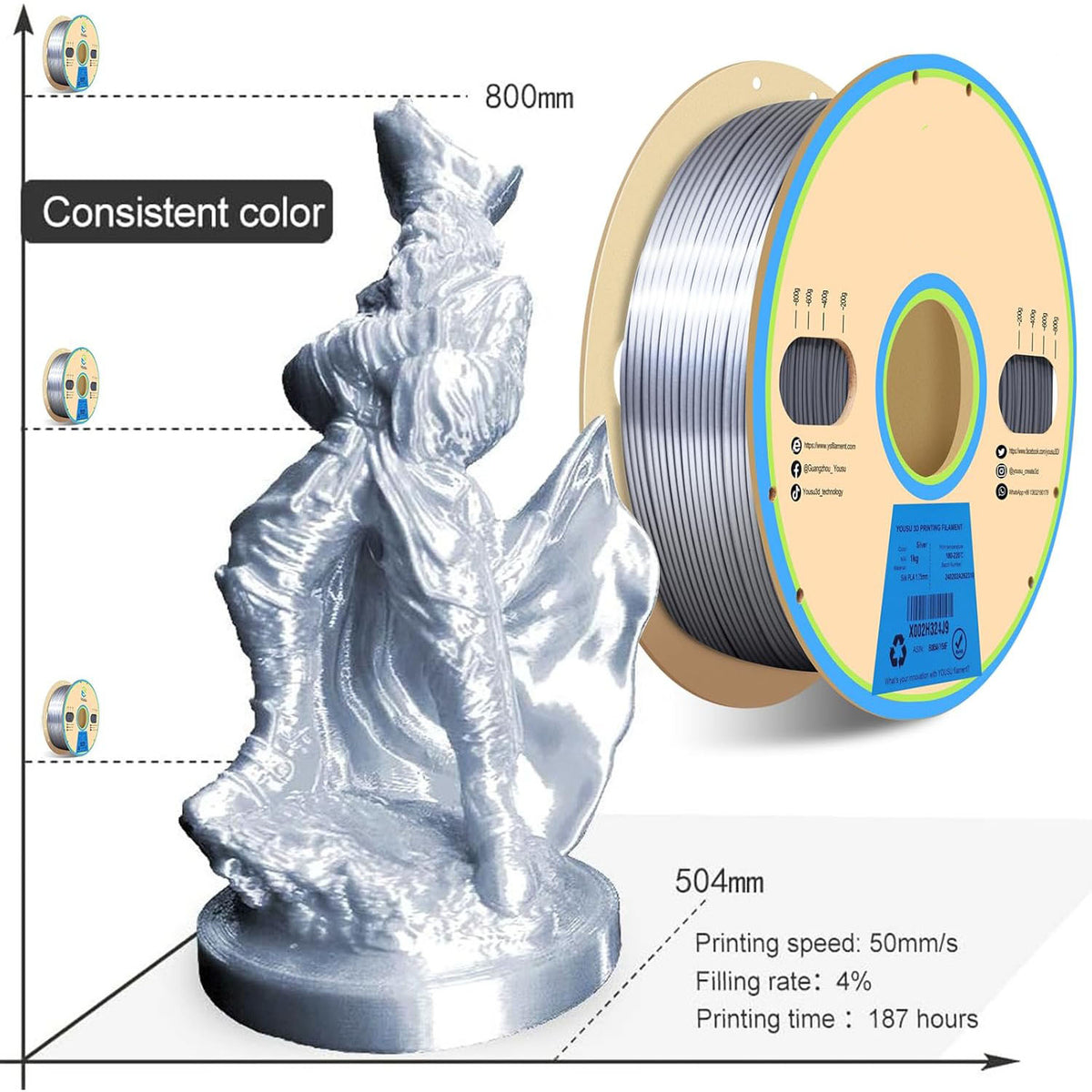 Silk Silver PLA Filament 1.75mm 3D Printer Filament with Shiny Surface, Shiny Metallic PLA Silk Filament 250g Spool 3D Printing Filament.