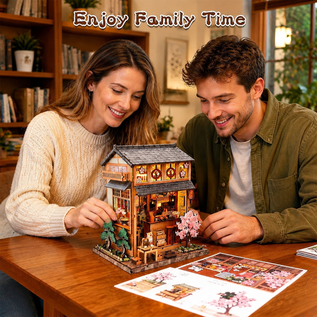 MOJINO Book Nook Kit for Adults, DIY Miniature House Kit Yakitori Grill House, 3D Wooden Puzzle with LED Light, Japanese Bookshelf Decor Craft Kit