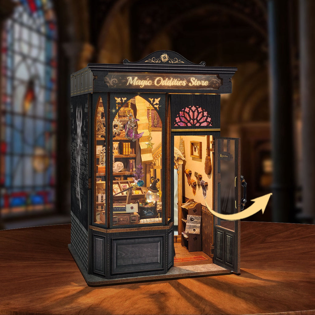 Strucwood Magic Oddities Store DIY Wooden Book Nook Kit with Touch LED Lights,3D Miniature Wizard Shop Puzzle Craft Gifts for Adults(SQ-109)