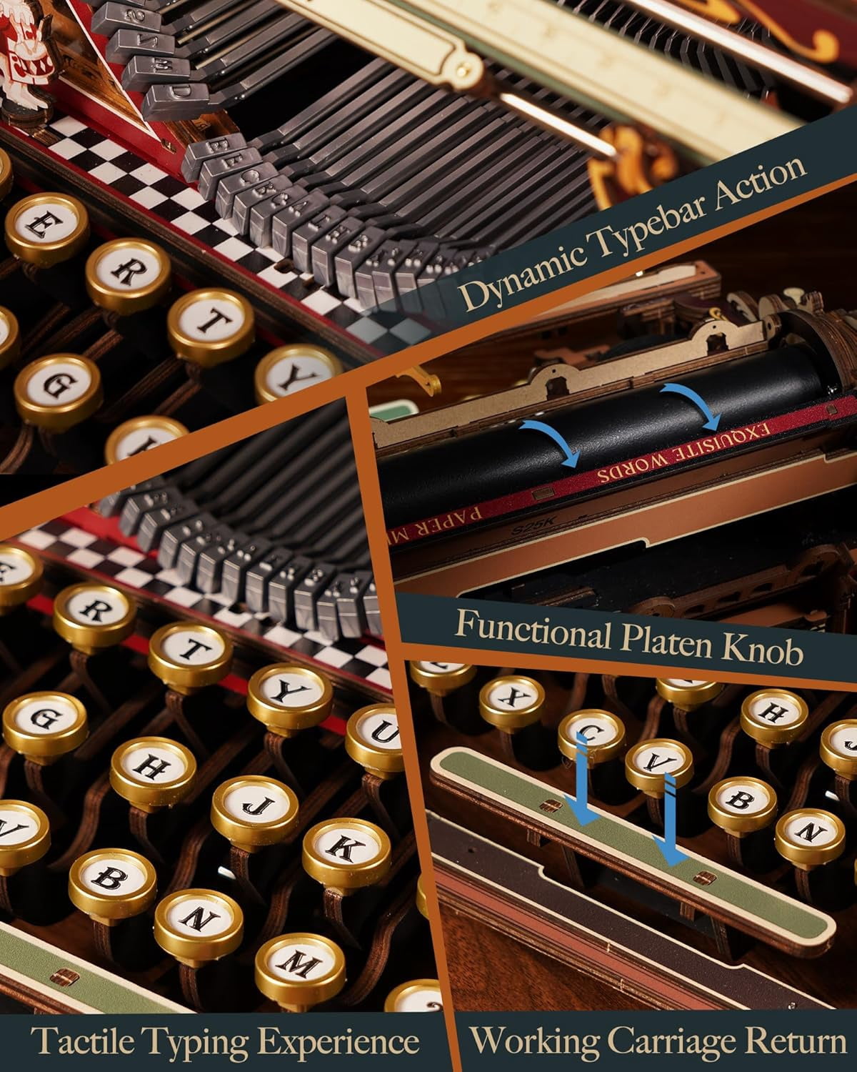 Robotime 3D Wooden Vintage Typewriter Puzzle, Mechanical Model Building Kit 320 Pieces LK703B
