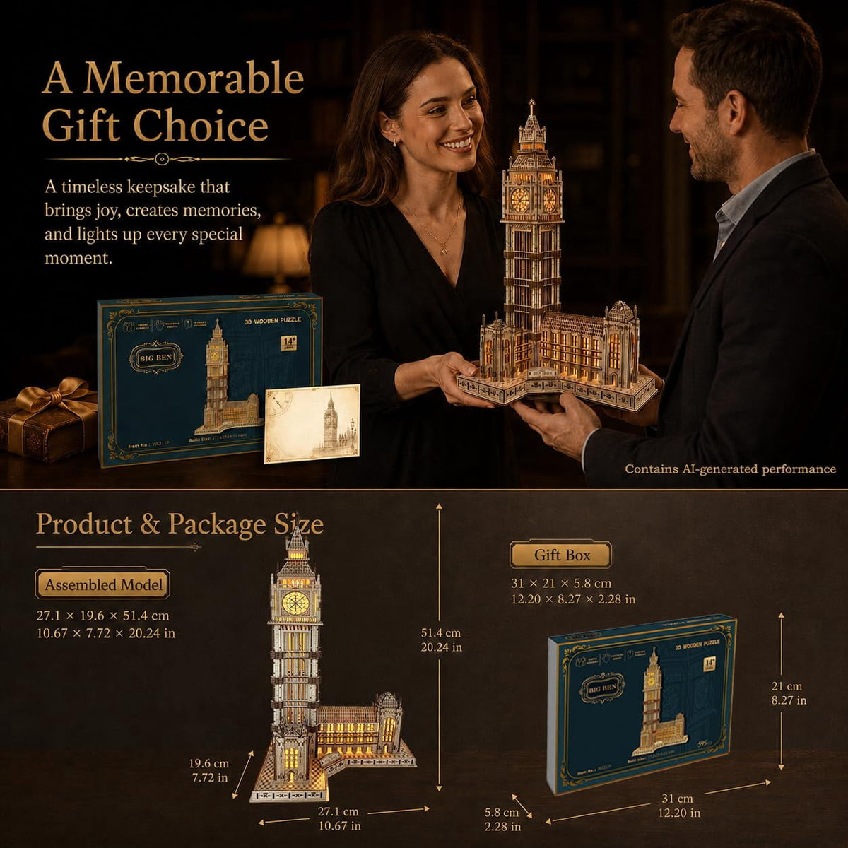 3D Wooden Puzzle for Adults, Big Ben London Clock Tower Model Kit with LED | Warm LED Display, DIY Model Building, Home Decor, Gift for Adults & Puzzle Lovers，595PCS，Laser-Cut Wood Pieces