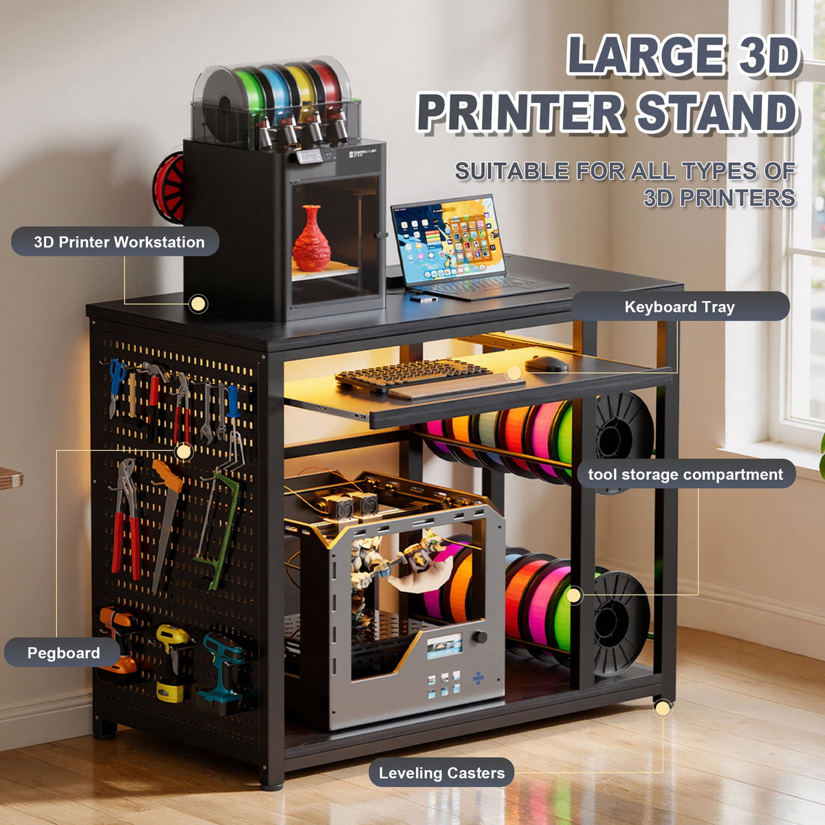 VOXIVEE 3D Printer Stand with Filament Storage Rack,Pegboard,Keyboard Tray