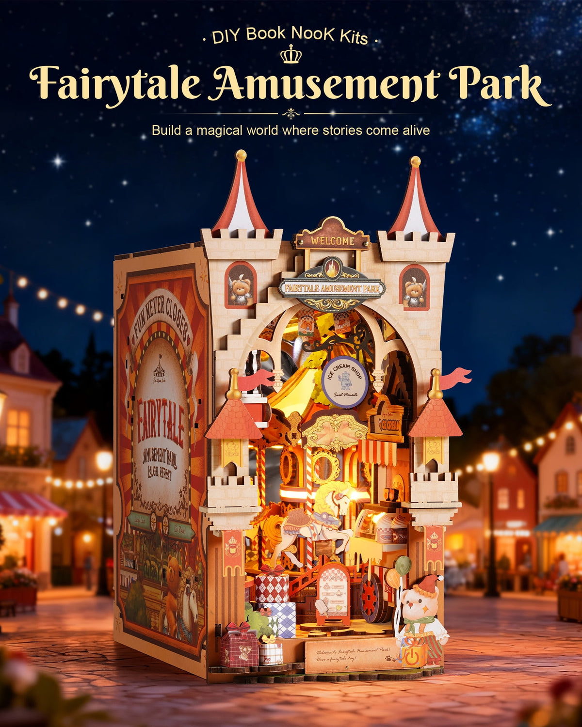 Robotime Fairytale Amusement Park Wooden 3D Puzzle, Diy Book Nook Building Kit for Adults, 257 Pieces
