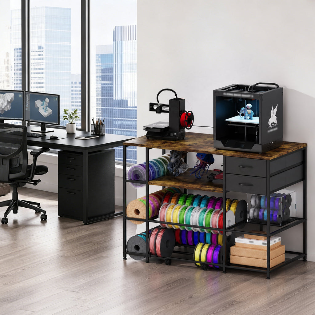 Advwin 47" Heavy Duty 3D Printer Stand with Power Outlet, Pull-Out Rolling Filament Storage Rack, 2 Fabric Drawers & Open Shelves, 3D Printer Table Workstation for Home Office Studio, Black