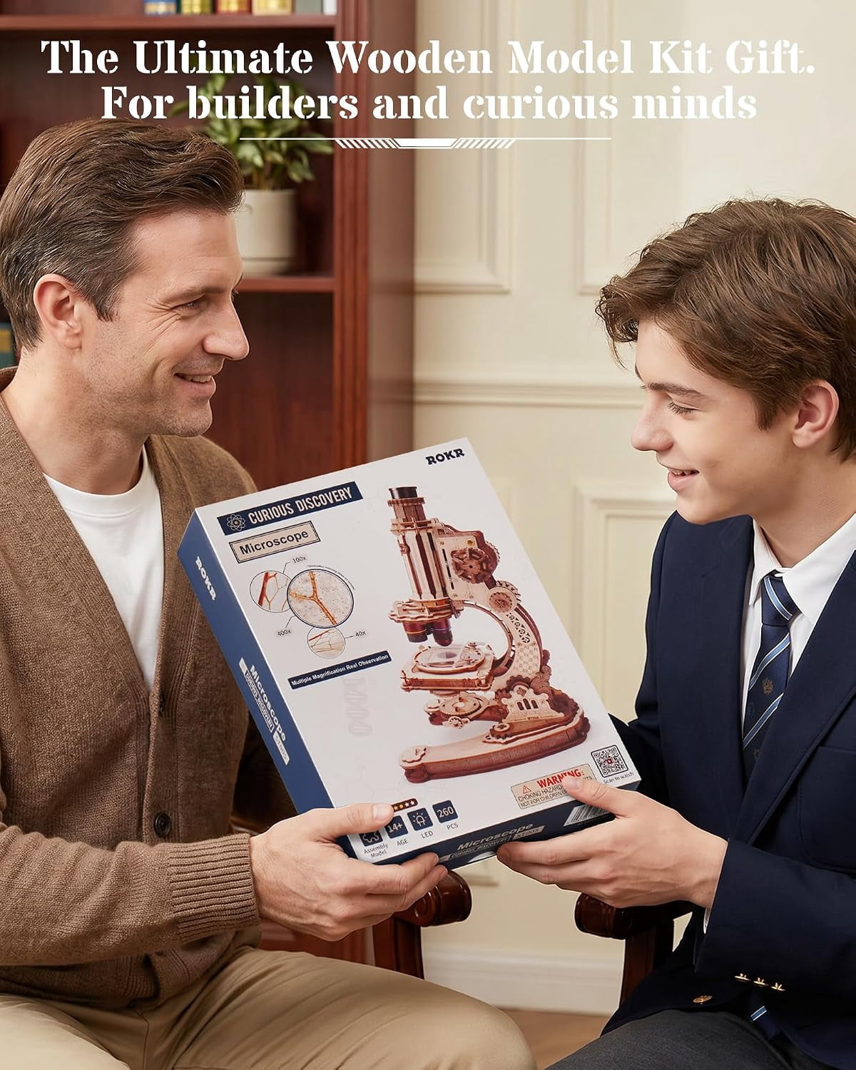 ROKR Functional Wooden Microscope 3D Puzzle Kit, 260-Piece Mechanical Model with 40X, 100X and 400X Magnification, LED Light and Adjustable Focus for Ages 14+