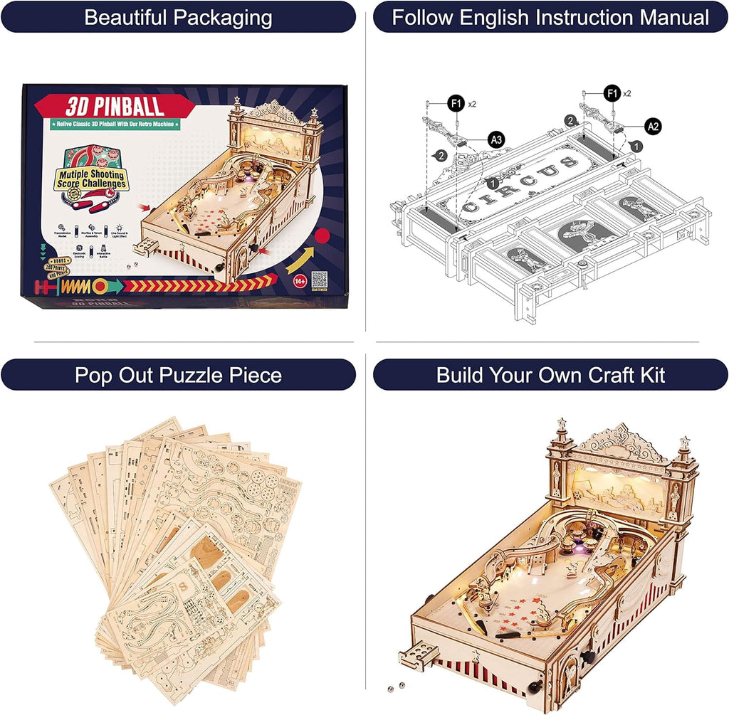 Robotime Pinball Machine Diy Kit, Wooden 3D Puzzles for Adults, Pinball Game, 482 Pieces