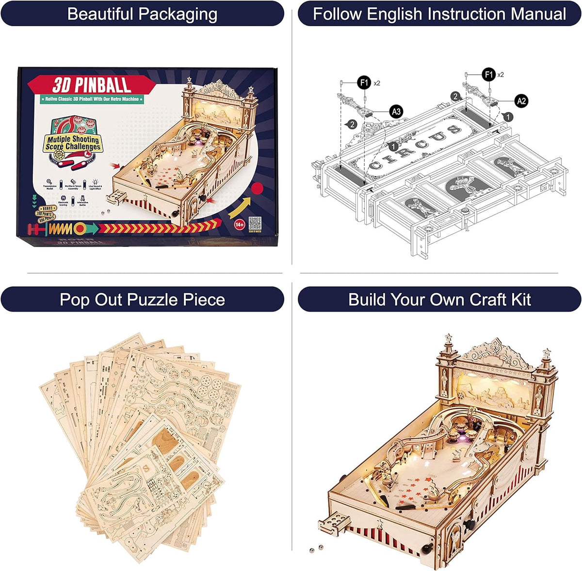 Robotime Pinball Machine Diy Kit, Wooden 3D Puzzles for Adults, Pinball Game, 482 Pieces