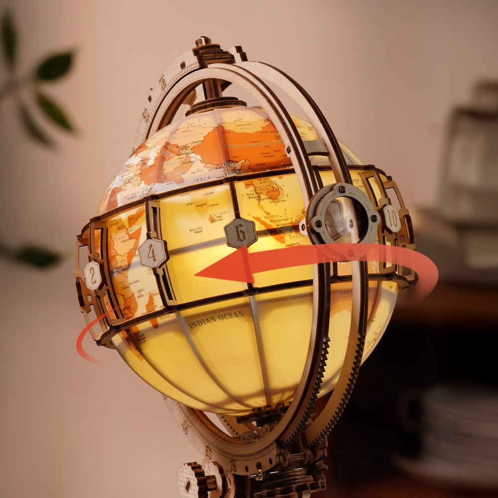 ROKR Luminous Globe 3D Wooden Puzzle for Adults, Electric Rotating Illuminated Globe with Stand, 180-Piece DIY Model Building Kit with LED Light, Home Office Desk Decor Birthday Gift