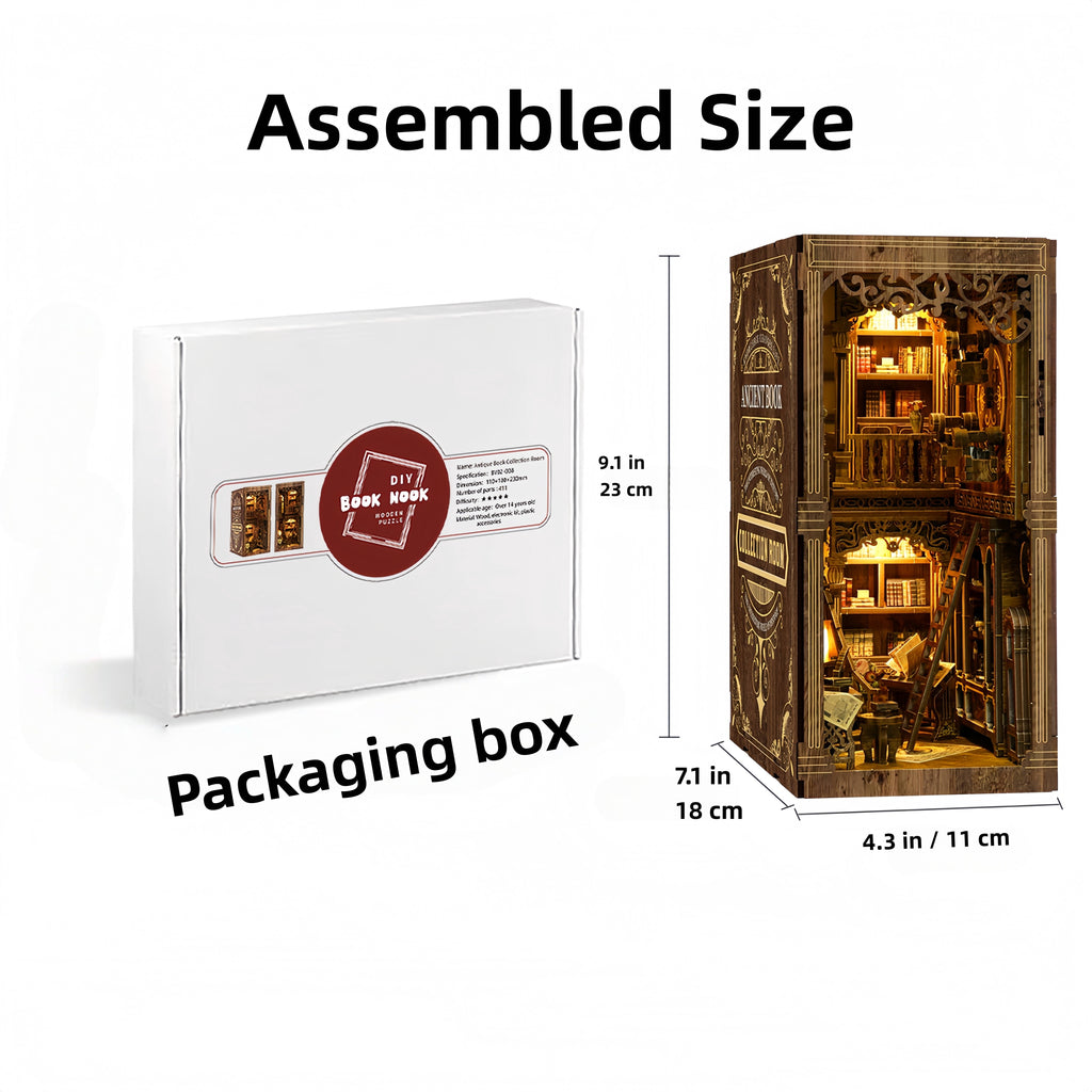 Book Nook Kit, Antique Library DIY Miniature House 3D Wooden Puzzle with LED Light, Bookshelf Insert Decor, Craft Kit Gift for Adults & Teens, Age 14+
