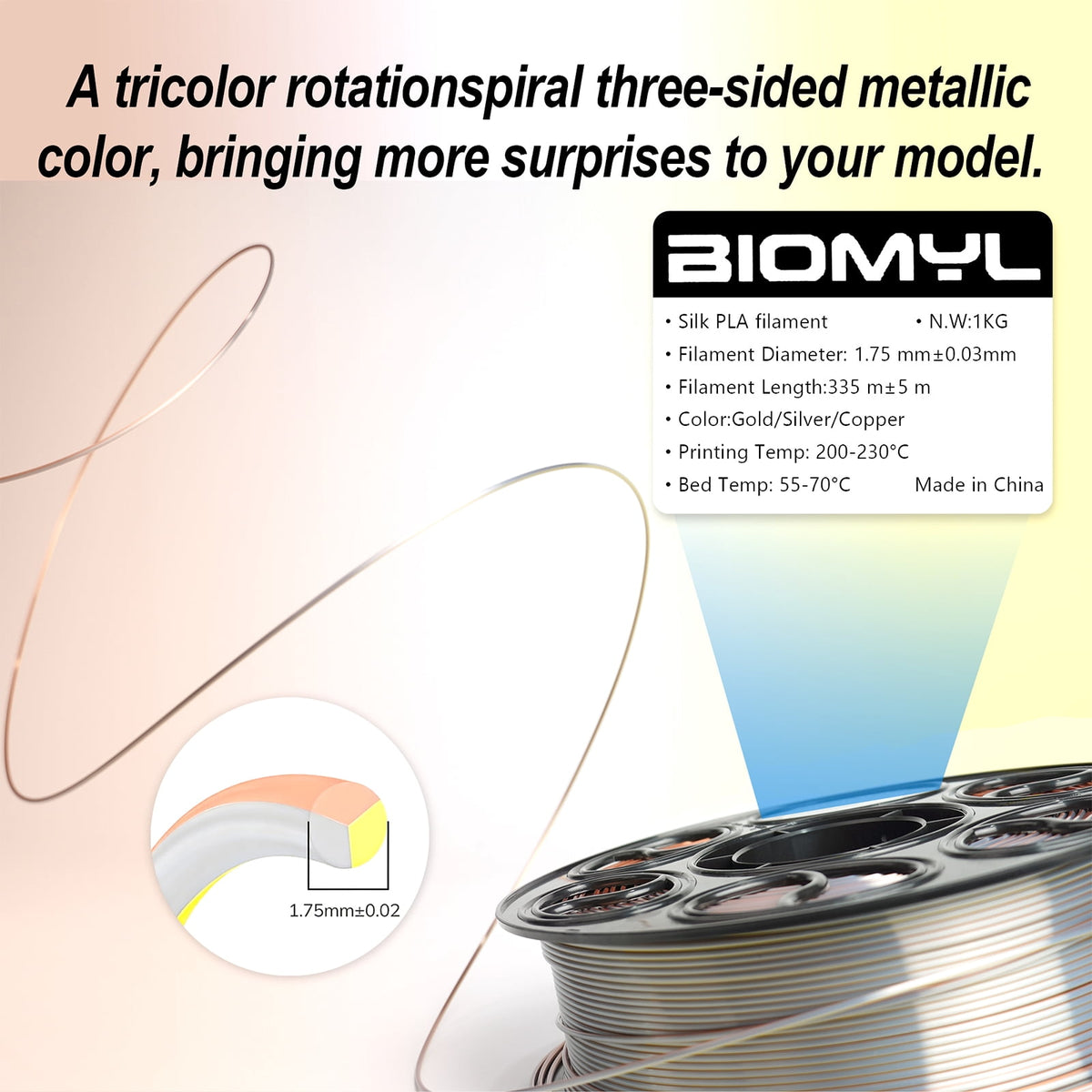 BIOMYL PLA 3D Printer Filament, PLA Filament 1.75mm Metal Gradient Color silk PLA, Tri Gold/Silver/Copper, 1kg Spool, Accuracy +/- 0.03mm