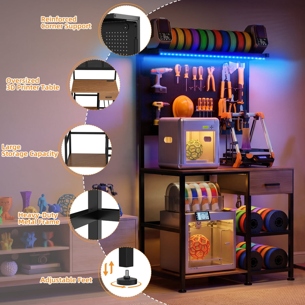 OmniHaven Dual 3D Printer Stand with Filament Storage and Lockable Wheels