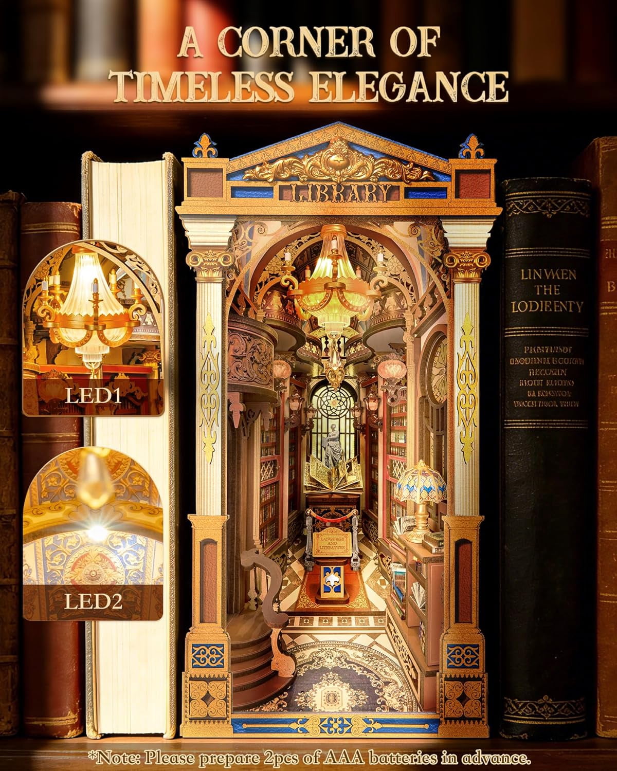 Rolife Library of Wonders 3D Puzzle Book Nook Kit, 10.4" Baroque Bookshelf Insert with Dual LED Lights, DIY Craft for Adults