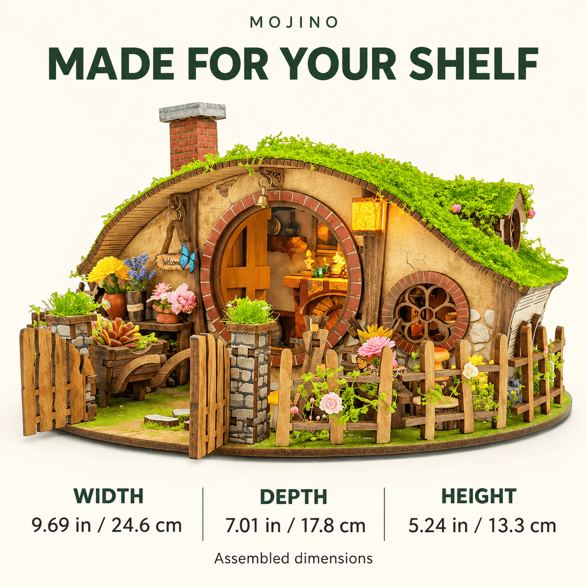 MOJINO Book Nook Kit, DIY Miniature House 3D Wooden Puzzle, 193-Piece Magic Ring House with LED Lights, Christmas Gift