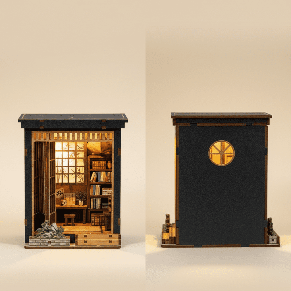 DIY Miniature House Kit, Book Nook Diorama Kit, 3D Wooden Puzzle Oriental Study Mini Scene Model with LED Lights, Wooden Assembly Decor for Desktop Display & Gift‑Giving