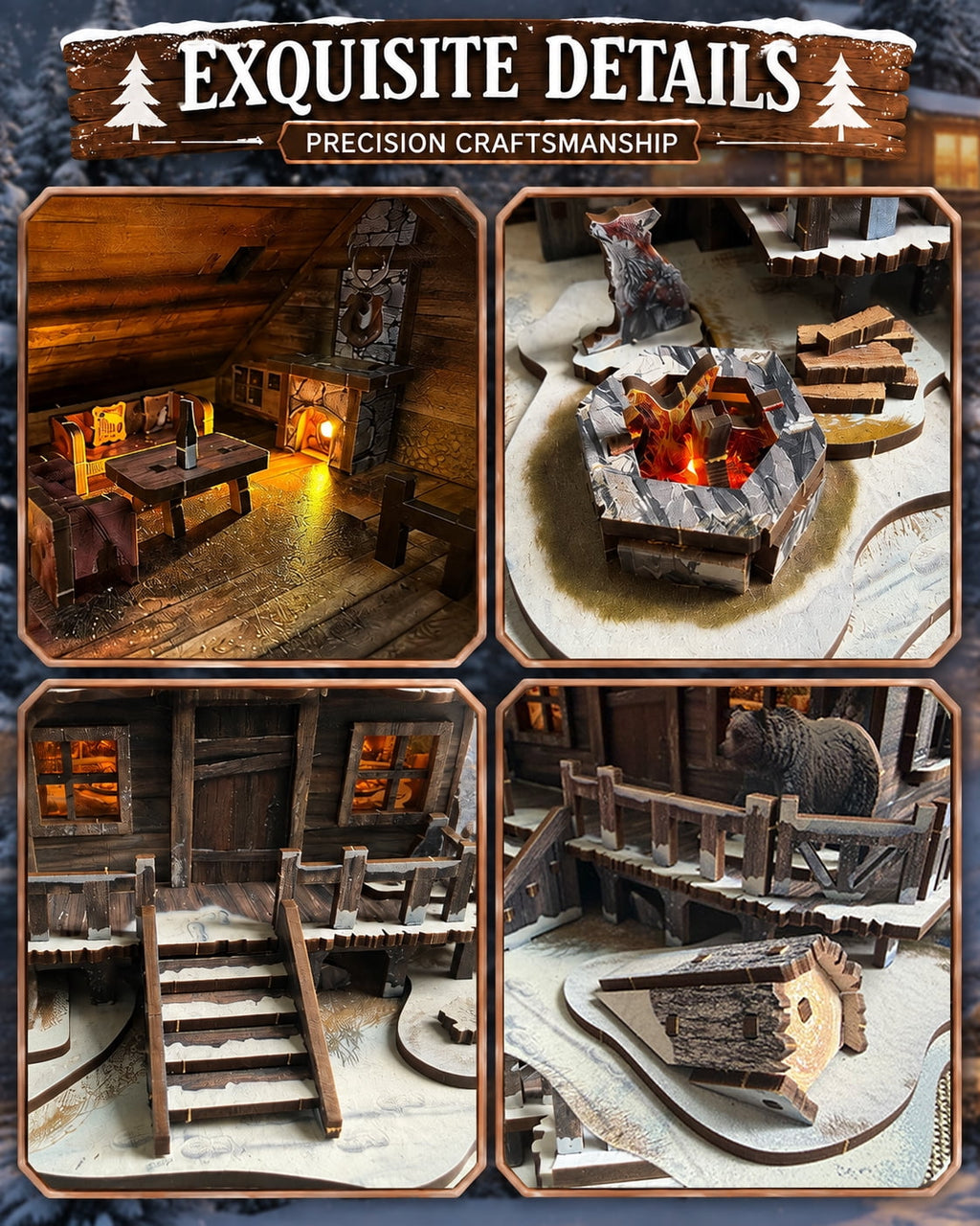 LED 3D Wooden Puzzle Winter Cabin DIY Miniature Building Kit with LED Lights - 3D Craft Rural Wooden Cabin Models Decor Gift for Adult