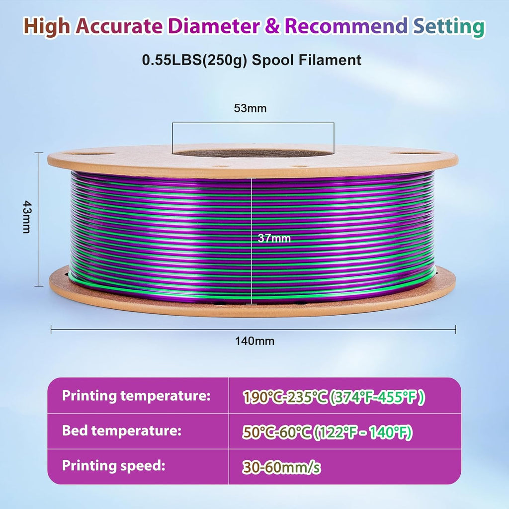 Multicolor 3D Printer Filament,Dual/Tri Color 1.75mm PLA Silk Shiny Printing Filament,250g(0.55lbs) Fit Most FDM 3D Printer