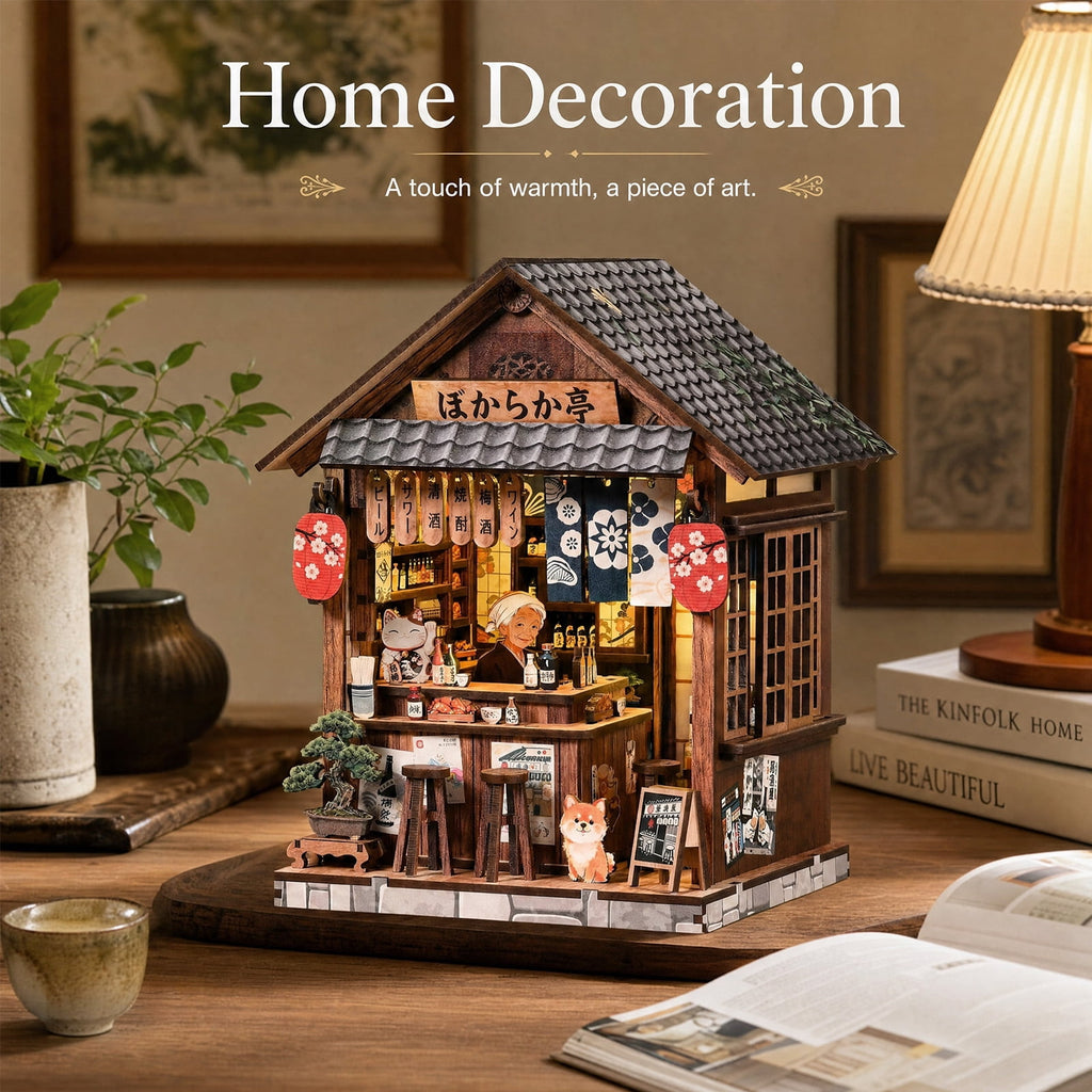 MOJINO Book Nook Kit for Adults, DIY Miniature House Kit with LED Light, 3D Wooden Puzzle Bookshelf Decor, Craft Kit, Japanese Izakaya