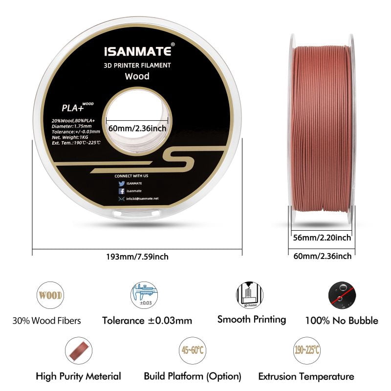 iSANMATE 1.1KG Wood PLA 3D Printer Filament, 1.75mm Cherry Wood Color, Real Wood Texture, ±0.03mm for FDM 3D Printers