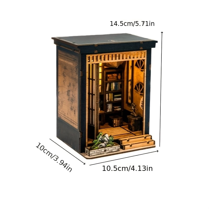 DIY Miniature House Kit, Book Nook Diorama Kit, 3D Wooden Puzzle Oriental Study Mini Scene Model with LED Lights, Wooden Assembly Decor for Desktop Display & Gift‑Giving