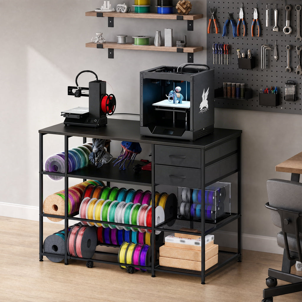 Advwin 47" Heavy Duty 3D Printer Stand with Power Outlet, Pull-Out Rolling Filament Storage Rack, 2 Fabric Drawers & Open Shelves, 3D Printer Table Workstation for Home Office Studio, Black