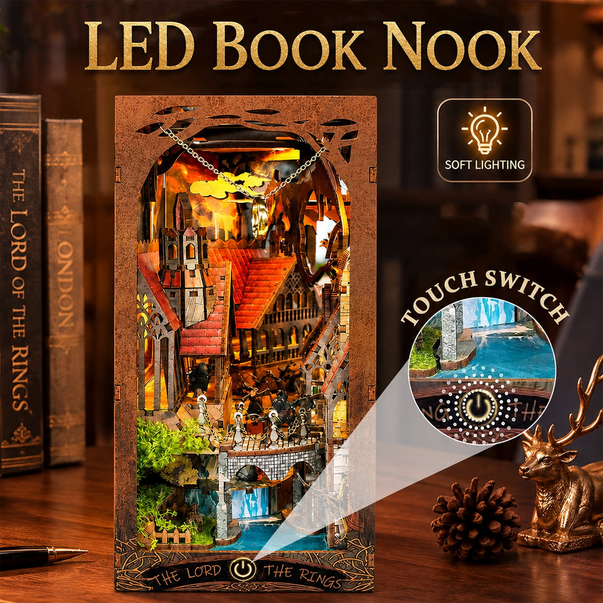 MOJINO DIY Book Nook Kit, Fantasy Theme Miniature House 3D Wooden Puzzle with LED Light, Tiny Home Dollhouse Craft Kit for Adults & Teens