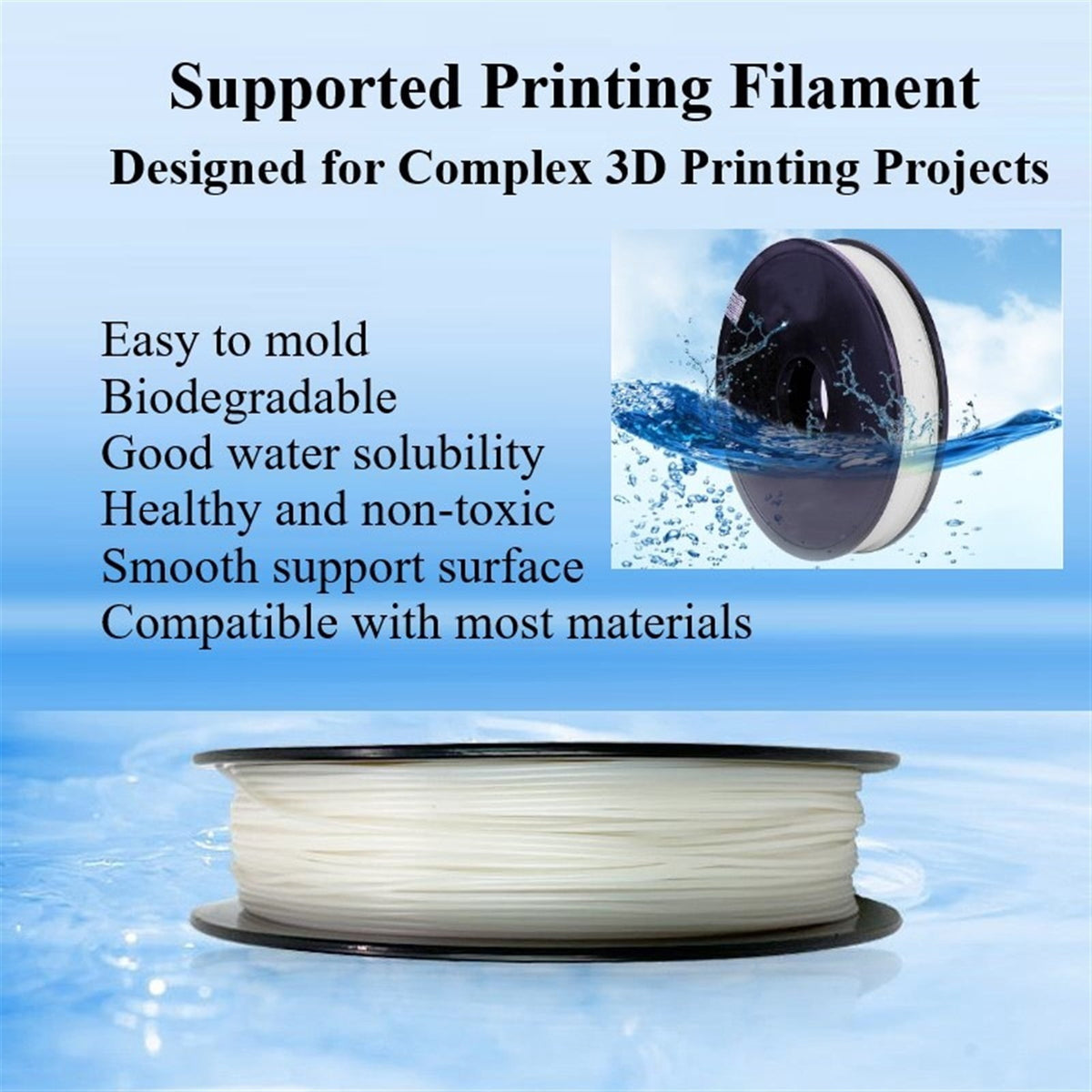1KG Supported Filament, 1.75mm PVA Water-soluble Coil for 3D Printer & Pen, Transparent Solid Yellow Filament, Wide Compatibility