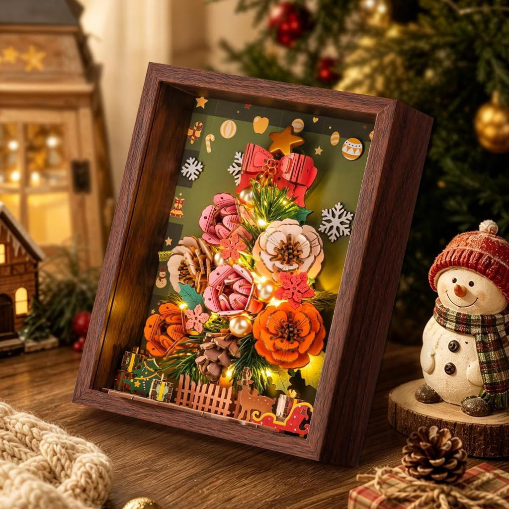 ROWOOD Everglow Christmas Tree, Flower 3D Wooden Puzzle with LED Lights, DIY Holiday Botanical Decoration for Adults Xmas Gift
