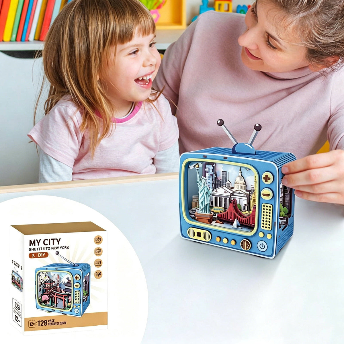 Yardvibe CityVision 3D Wooden Building Puzzle, TV-Shaped 3D Wooden Puzzle with LED Lights & Street View Inside, DIY Craft Model Kit for Adults, Elegant Home Decor & Creative Gift (New York)
