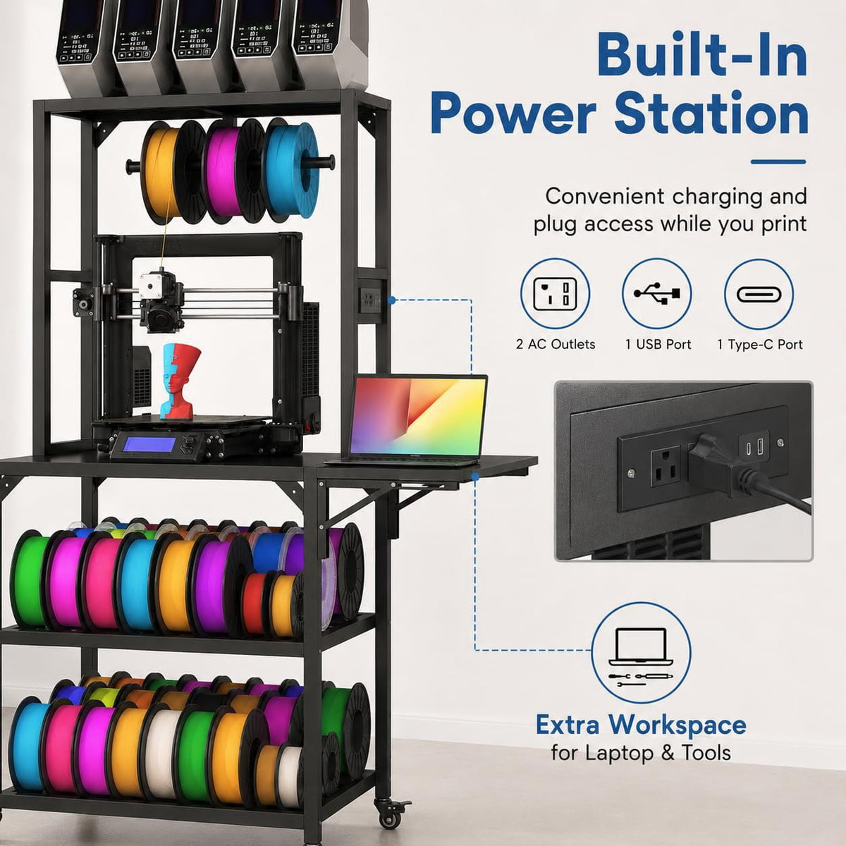 Heavy Duty 3D Printer Stand with Filament Storage Rack, Mobile 3D Printer Workbench with T-Shaped Filament Spool Holder, Lockable Wheels & Storage Shelves for Home Office Workshop (Style A)