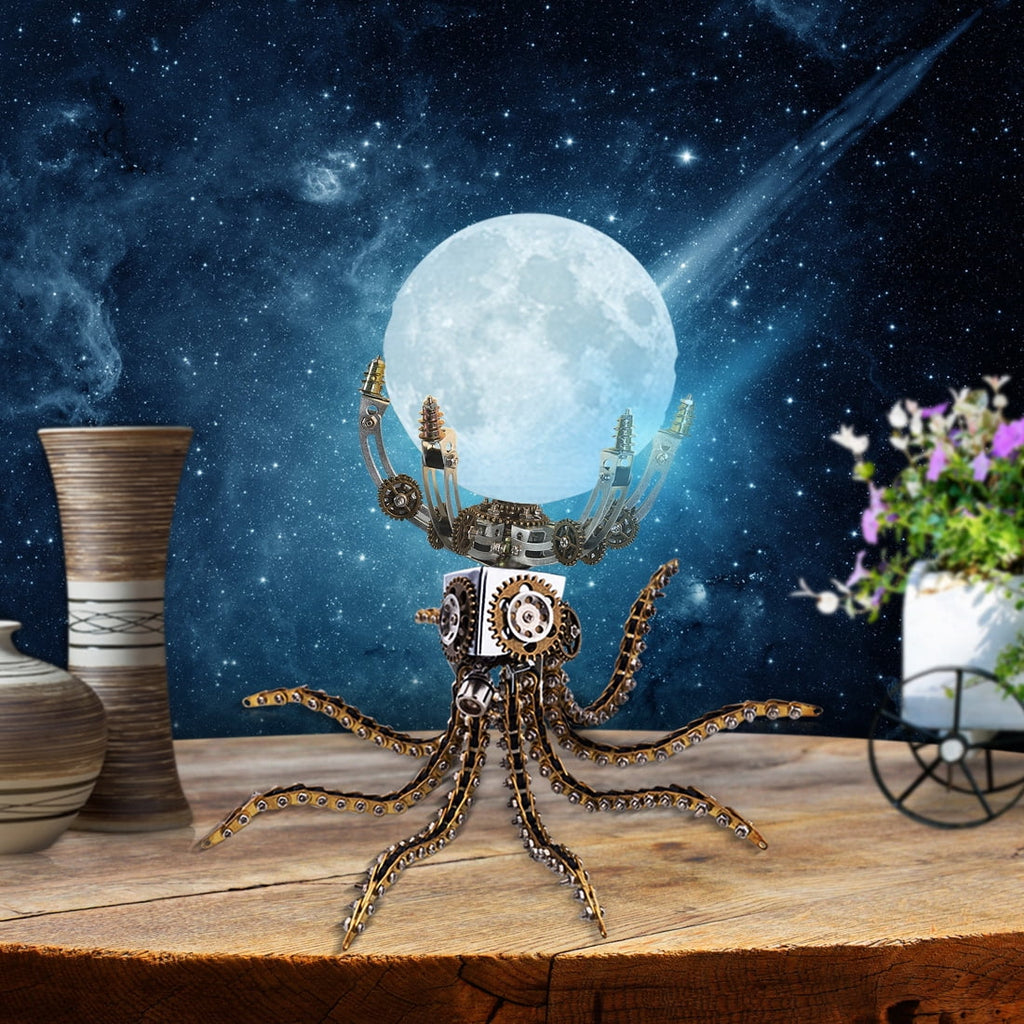 Mechanical Octopus 3D Metal Model Kit with Moon Lamp, Touch 3 Colors, Customizable Steampunk Puzzle & Desk Light, Perfect Room Decor and Gift Choice