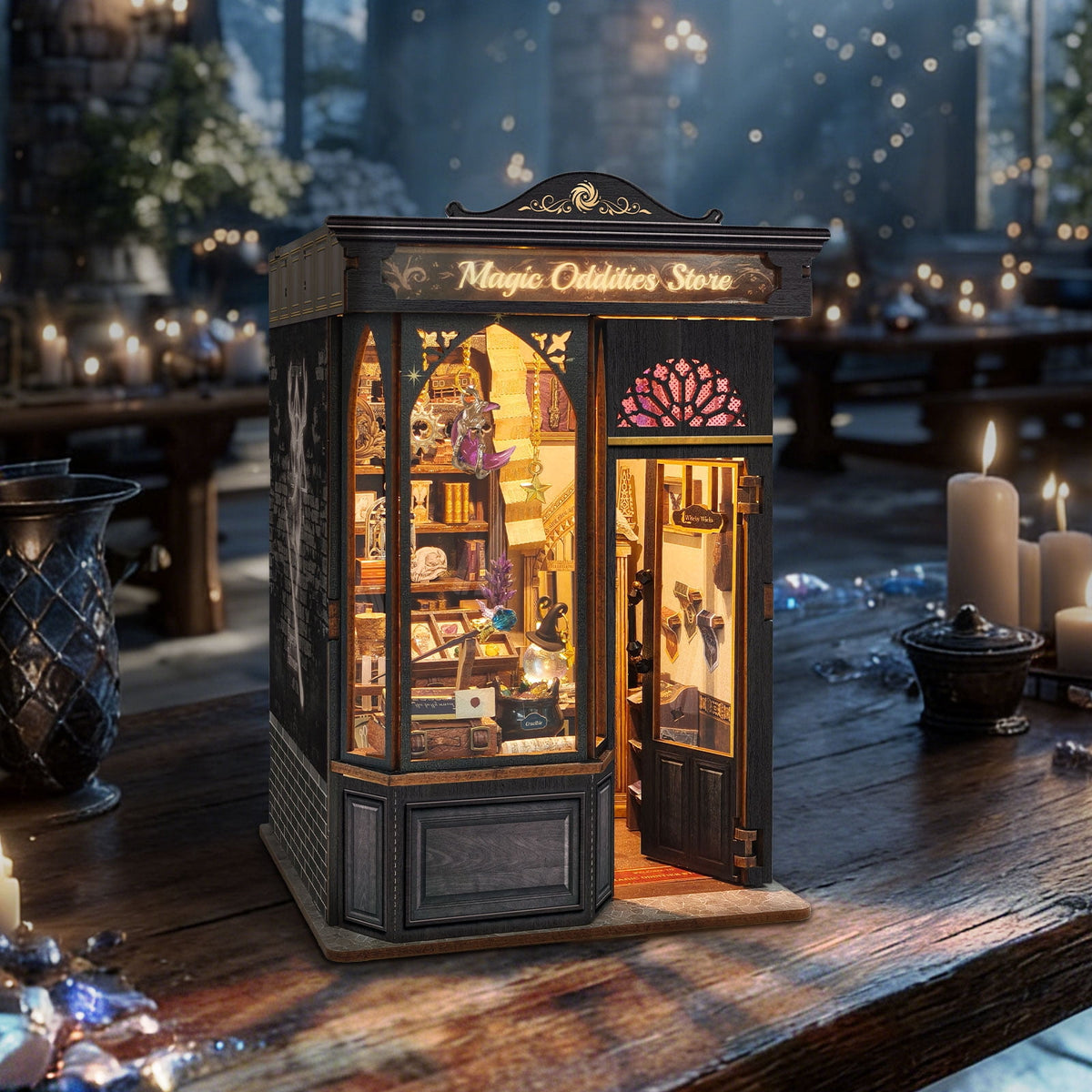 Strucwood Magic Oddities Store DIY Wooden Book Nook Kit with Touch LED Lights,3D Miniature Wizard Shop Puzzle Craft Gifts for Adults(SQ-109)