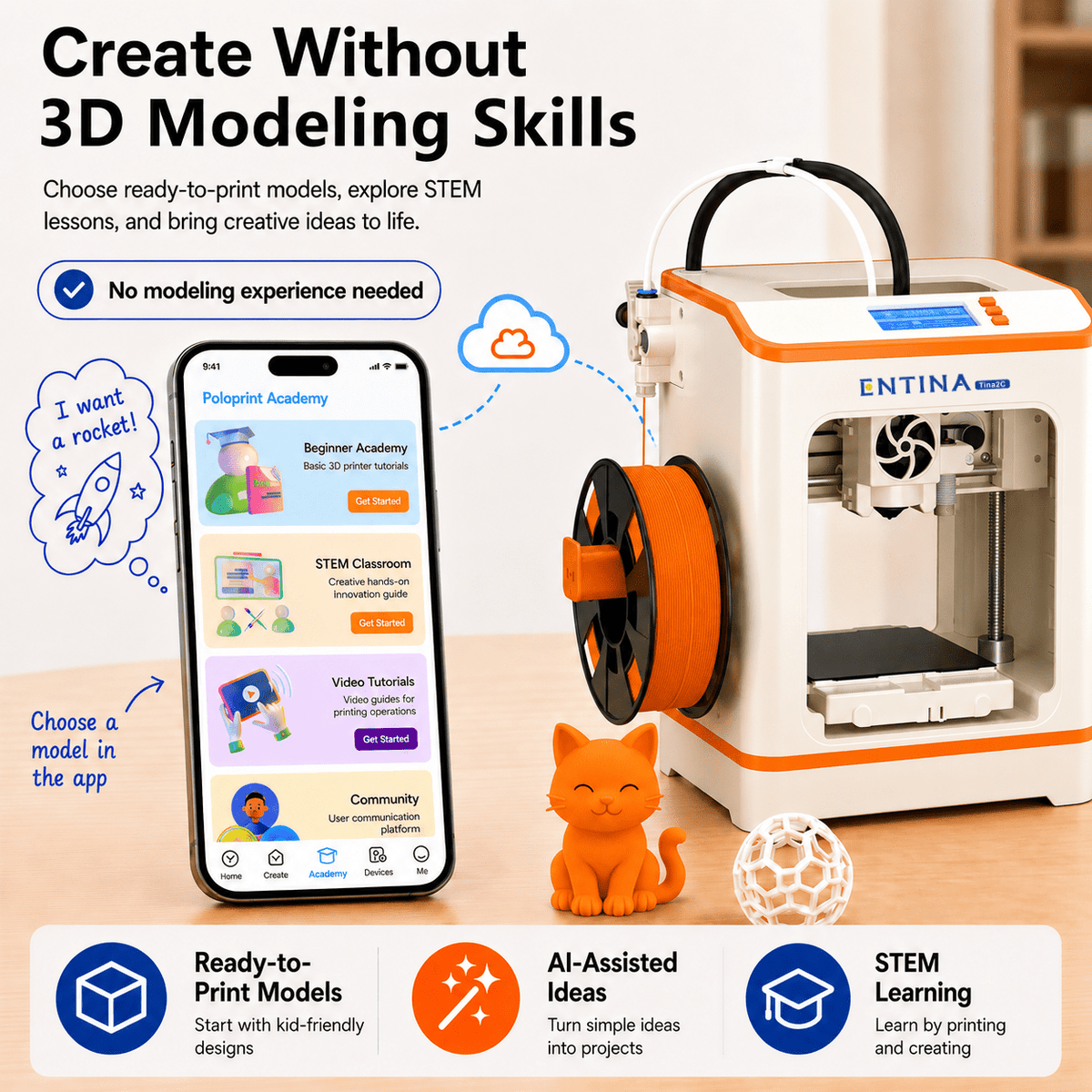 Entina 3D Printer Tina2C, Auto Leveling App Control Quiet for Kids Beginners STEM DIY