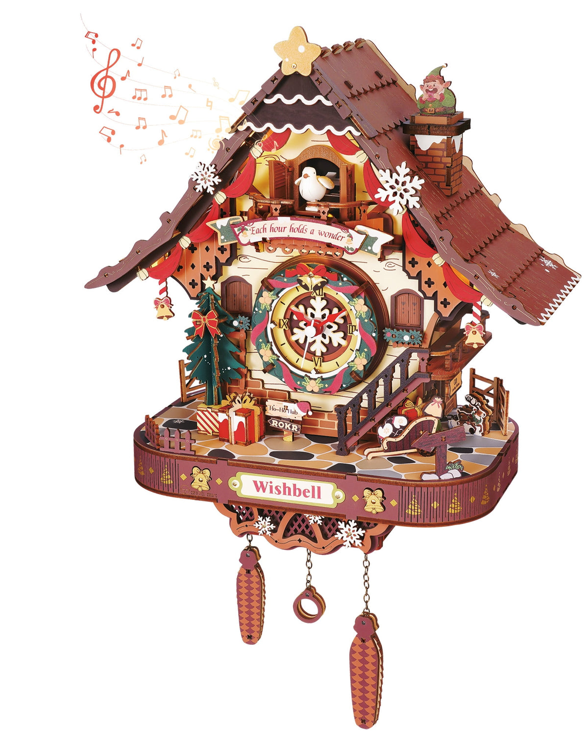 ROKR Christmas Cuckoo Clock, Wooden 3D Puzzle Mechanical Model Kit with LED Light and Moving Parts, Holiday Home Decor Display Xmas Gift for Adults