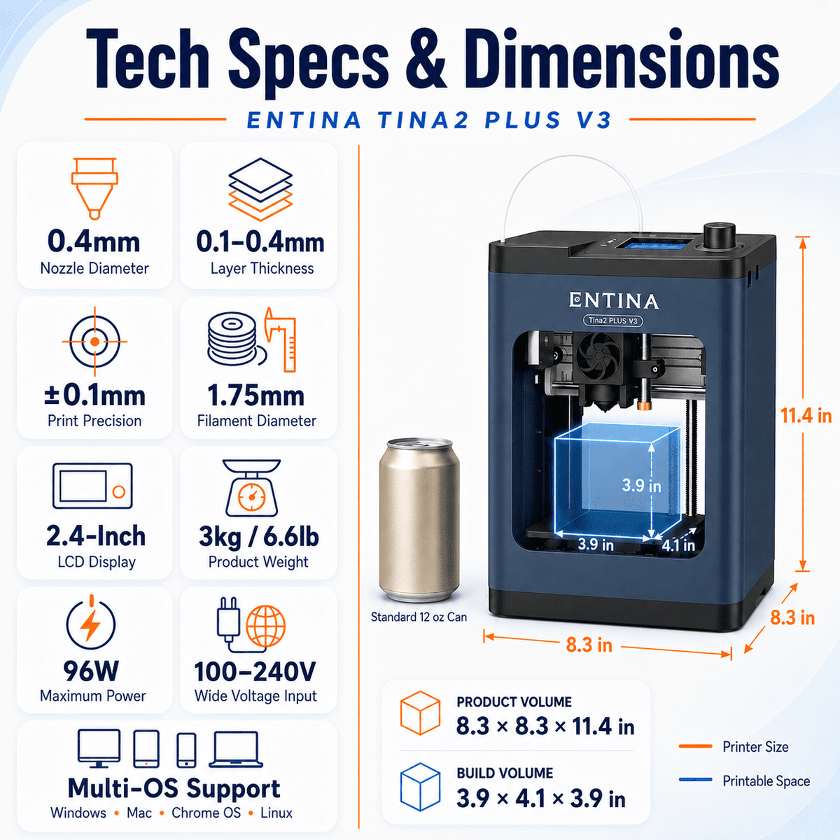 Entina 3D Printer, Tina2 Plus Fully Assembled Desktop 3D Printer with Auto Leveling and App Control for Beginners, Makers & DIY Projects