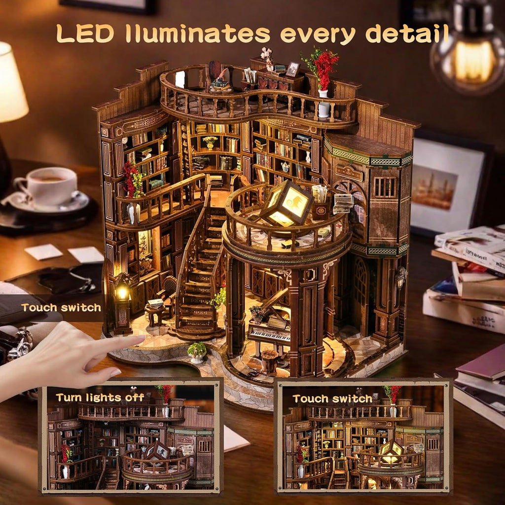 Book Nooks for Adults, DIY 3D Wooden Puzzle Miniature House Book Nook Kit,with Led Light, Model Kits Craft Kits for Adults, Home Decor & Gift (Dreamy Book Hall)