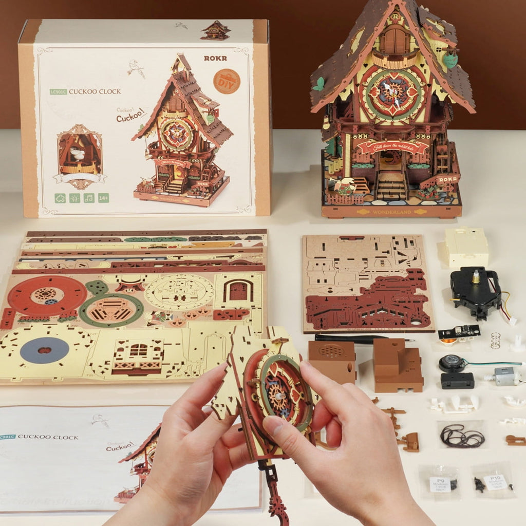 ROKR Cuckoo Clock 3D Wooden Puzzle Kit, Mechanical Clock Model with Moving Pendulum and LED Light, Colorful DIY Craft Decor Xmas Gift Toy for Adults