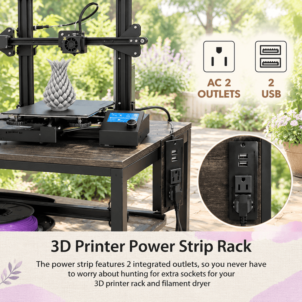 Rectangular Brown Heavy Duty Metal 3D Printer Table with Storage Drawer and Power Hub