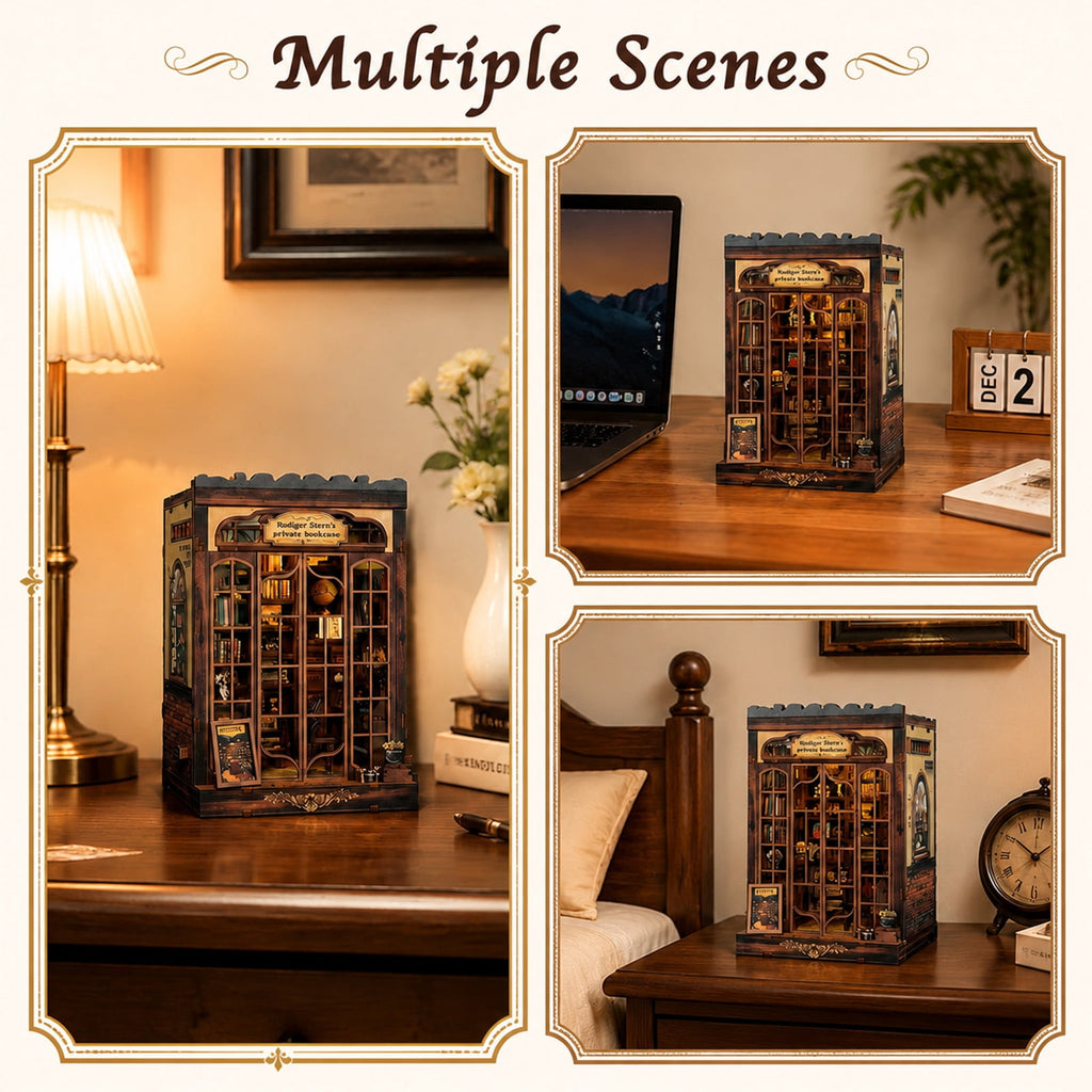 MOJINO DIY Book Nook Kit with LED Light, 172-Piece Miniature Library Dollhouse Kit, 3D Wooden Puzzle Bookshelf Insert, Retro Bookstore Craft Kit for Adults Teens and Book Lovers