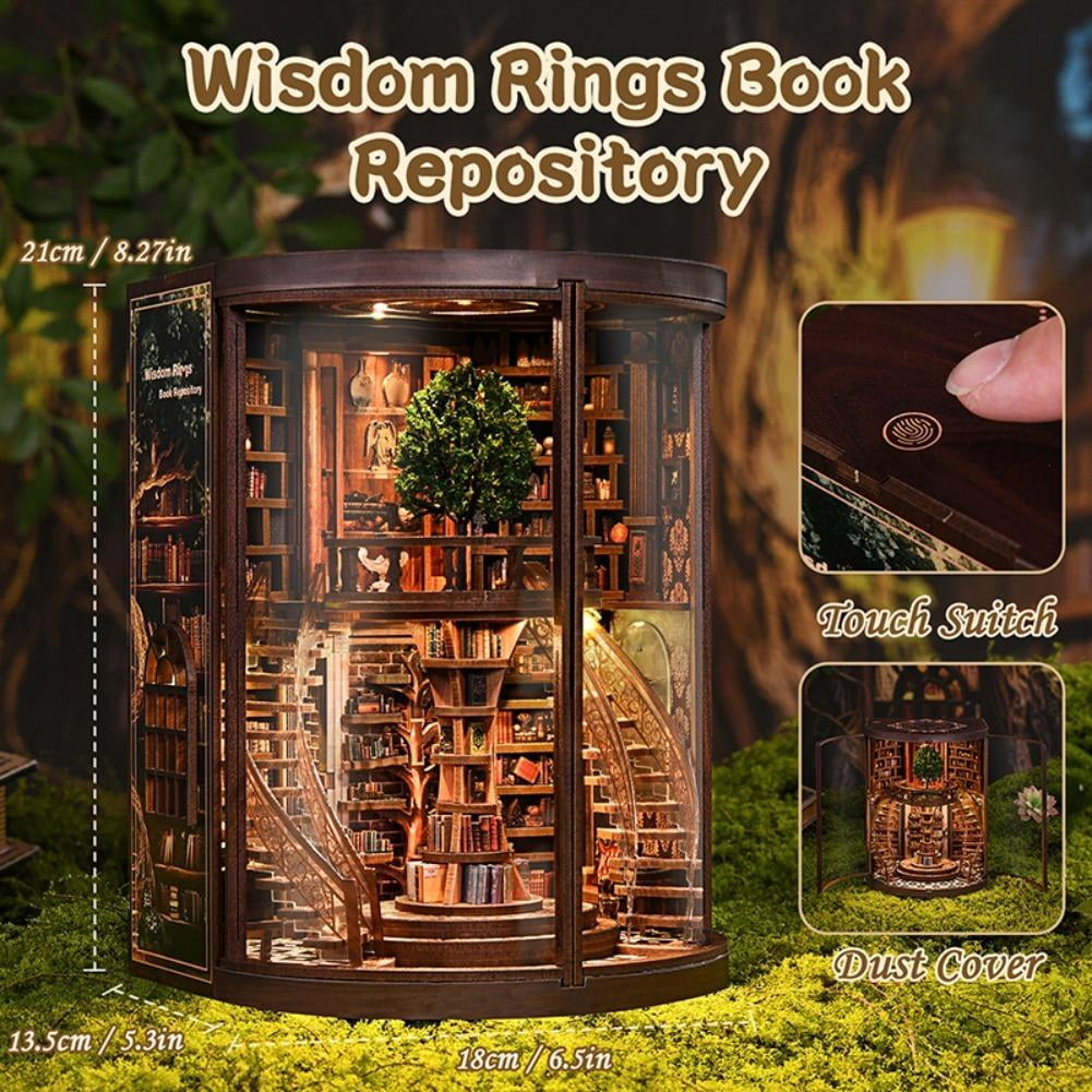 DIY Book Nook Kit with LED Light, Miniature Dollhouse 3D Wooden Puzzle, Bookshelf Insert Decor Craft Gift(Wisdom Rings Bookstore)