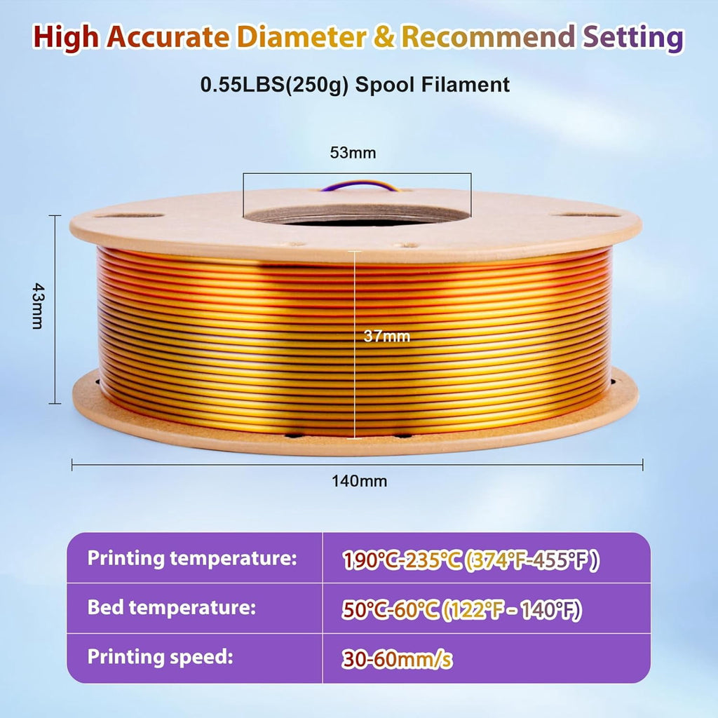 Multicolor 3D Printer Filament,Dual/Tri Color 1.75mm PLA Silk Shiny Printing Filament,250g(0.55lbs) Fit Most FDM 3D Printer