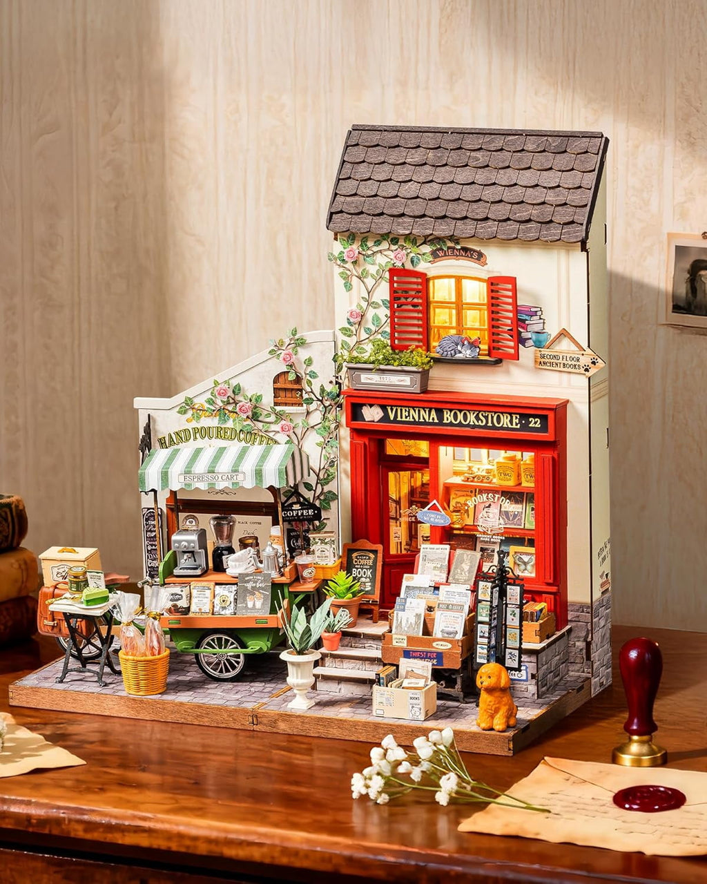 Rolife Vienna Bookstore DIY Miniature House Kit, 3D Wooden Puzzle Bookshelf Decor, Craft Model Building Set for Teens Adults, Creative Home Desk Decor Gift for Book Lovers