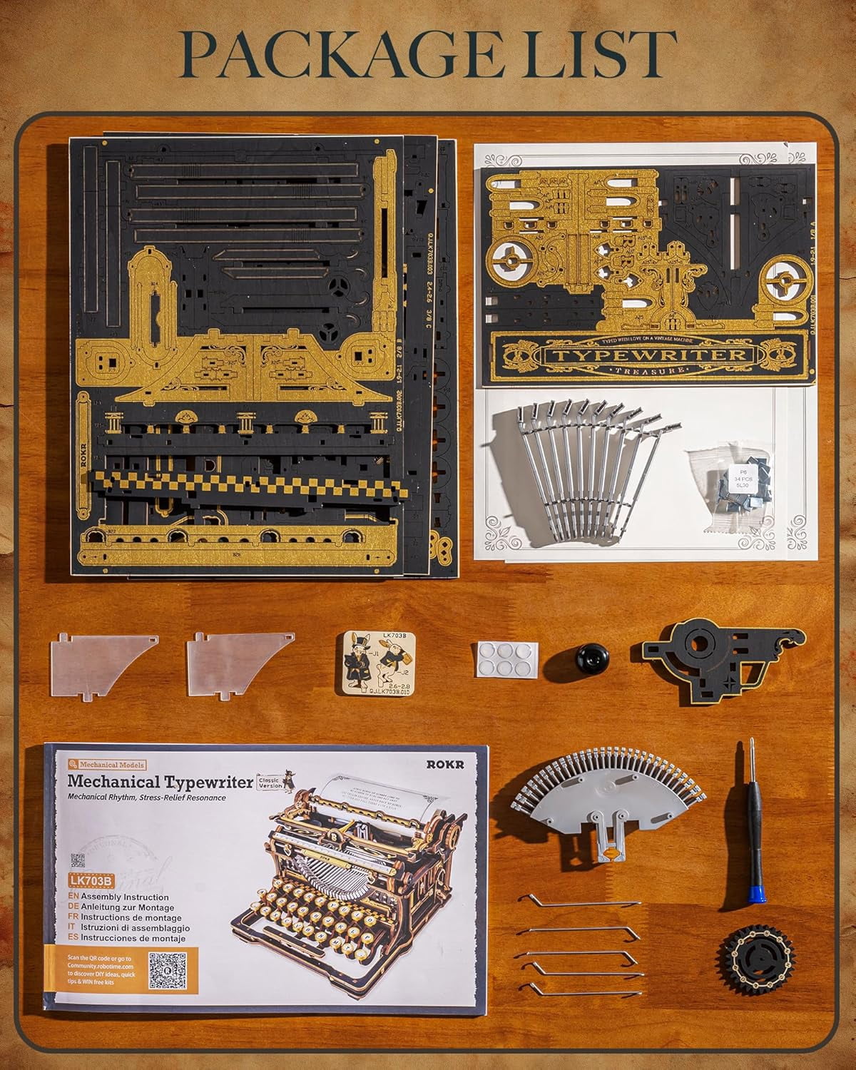 Robotime 3D Wooden Vintage Typewriter Puzzle, Mechanical Model Building Kit 320 Pieces LK703B