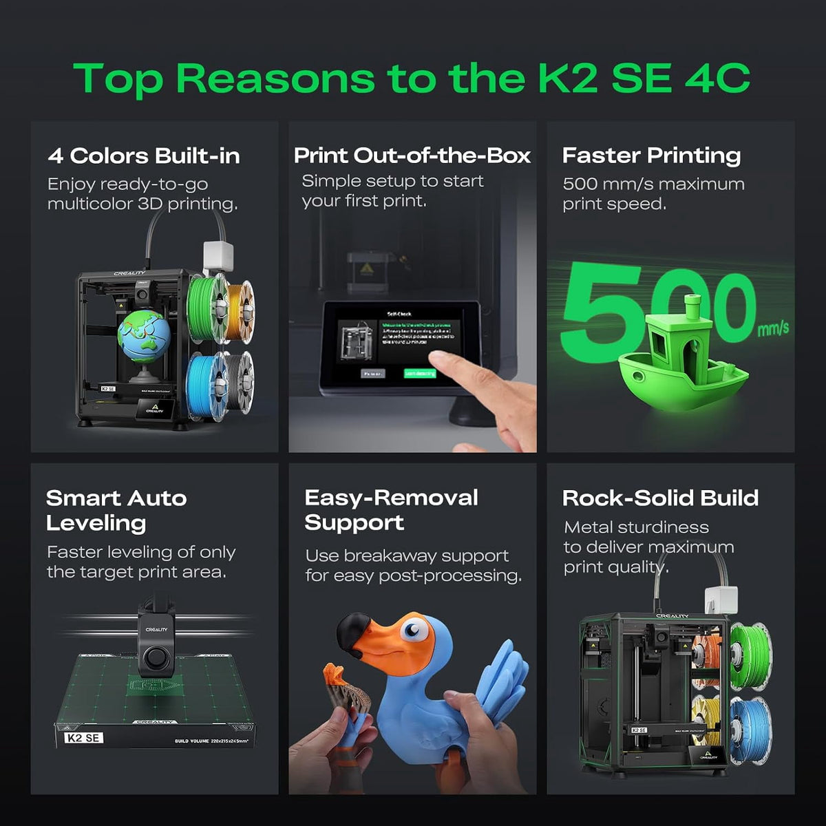 Creality K2 SE 4C 3D Printer, Multi-Color 3D Printer, 500mm/s Fast Printing,220×215×245mm Print Size