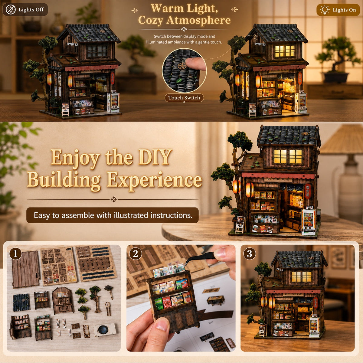 MOJINO Book Nook Kit for Adults, Spring Grocery Store DIY Miniature House Kit with LED Light, 3D Puzzle Bookshelf Decor for Reading Room & Desk