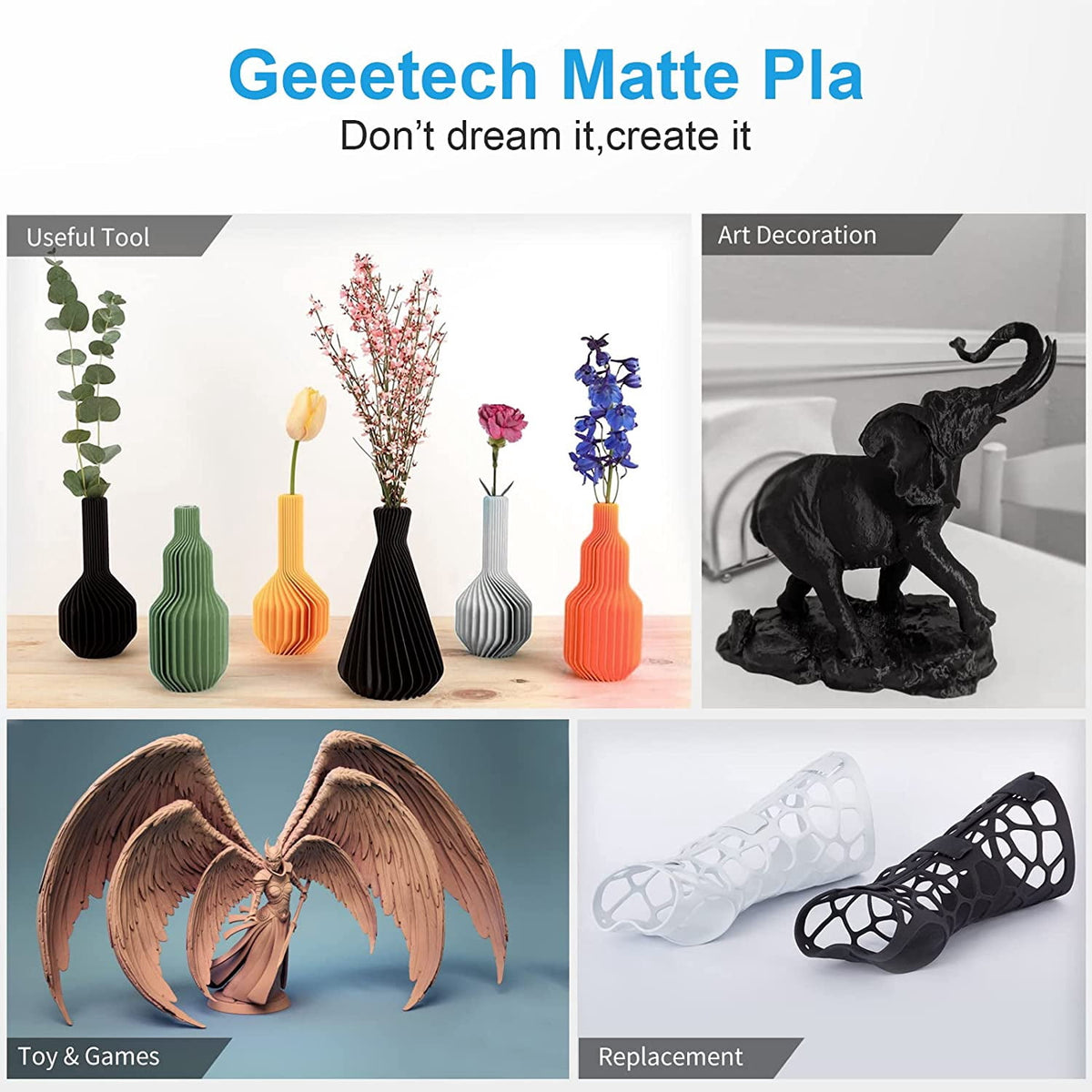 GEEETECH Matte PLA Filament, 1.75mm Matte Black 3D Printer Filament, 1kg Spool (2.2lbs), Dimensional Accuracy +/- 0.03 mm, Fit Most FDM Printer