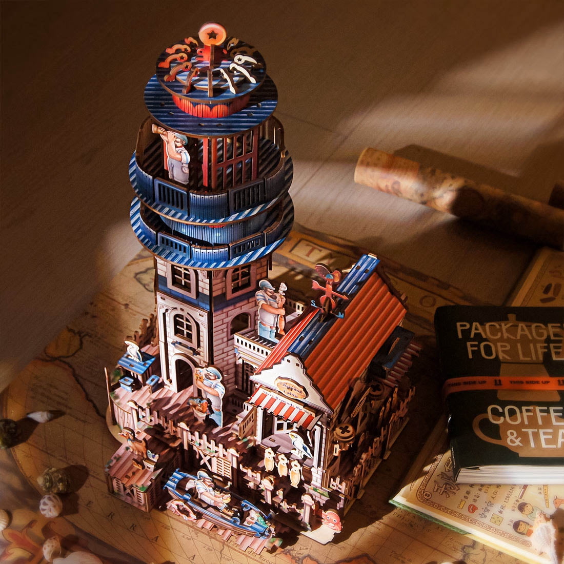 3D Wooden Puzzle Seaside Lighthouse Cabin Coastal Village Desk, 360 PCS, DIY Assembly Miniature Building Model Kit For Home Decor, Shelf Display And Creative Gifts