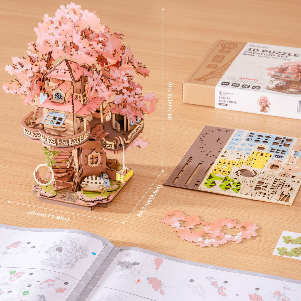 ROBOTIME Sakura Tree Wooden 3D Puzzle,Cherry Blossom Model Building Sets,Tiny House Craft Kits for Bookshelf Decor,Gifts for Adults Teens